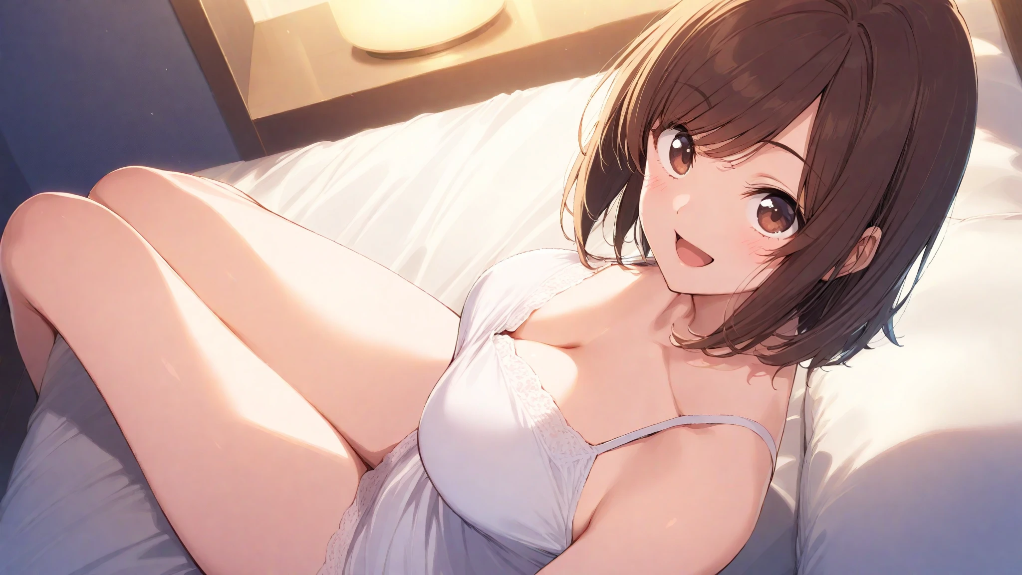 (best quality, masterpiece:1.2), (1girl, solo:1.2), cute, smile, (looking at viewer, solo focus:1.2), light on face, hanamaru kunikida, white lace bra, collarbone, masterpiece:1.5, high quality, white lace panties, blush, highest quality, very detailed,1 girl, alone, wide-eyed, looking at the viewer, face-to-face, on bed, smile, blush, Sweat, cute, ((spread legs)), lying, on back, knees up, white background, camel toe, pussy juice, light on face, large breast, slim leg