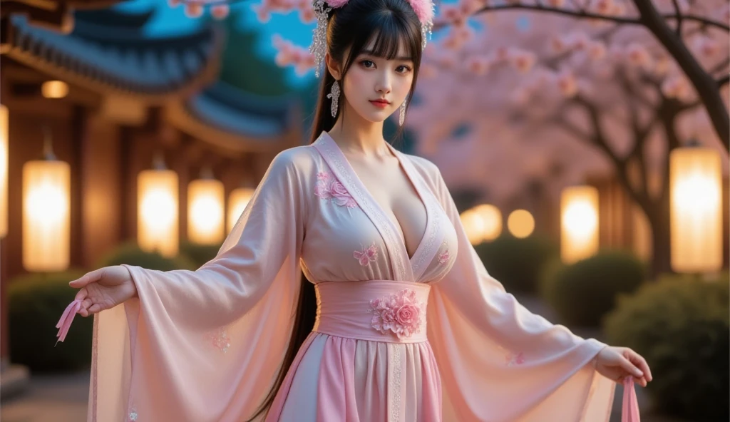 (8k, RAW photo:1.2), best quality, ultra high res,dramatic angle,(fluttered detailed color splashs), (illustration),(((1 girl))),(long hair),(rain:0.9), (Headdress:1.4),There is an ancient palace beside the girl,Hanfu,(Key Points),Color ink painting,(Splash of Color),Splash of Color,(((colorful))),(sketch:0.8) , Masterpiece, best quality, beautiful painted, highly detailed,(denoising:0.6),[splash ink],((ink refraction)), (beautiful detailed sky),moon,highly,detaild,(masterpiece, best quality, extremely detailed） CG Unity 8k Wallpaper，masterpiece，best quality，Ultra Detailed），（Lycoris）. hanfu   open V-chested clothes Thin silk lace dress short skirt , (huge ，cleavage),, white pink, blue ，best qualtiy，tmasterpiece，Ultra-high resolution，（Reality：1.4），RAW photogr，（True skin texture：1.3），（filmgrain：1.3），（Selfie angle），1个Giant Breast Girl，Beautiful eye and face details，tmasterpiece，Best quality at best，，The chest more exposed， detailed hair, bra pink , detail 8k, full body, lace petticoat, fan handle