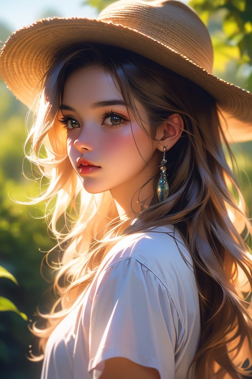 a watercolor painting of a girl in a straw hat and dressed in front of a window, Estilo de desenho bonito, No estilo de arte Bowater, with straw hat, trending on artstration, pintura realista da menina bonito, Belo estilo de arte, watercolor illustration style, Retrato bonito, pintura de personagem bonita, kawaii retrato realista, estilo de desenho, wearing straw hat, 🤤 retrato da menina
