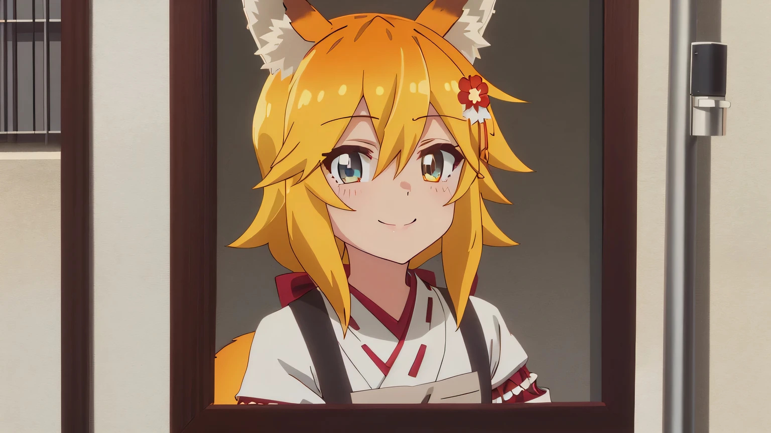 {{{masterpiece}}}, (best quality:1.5), (ultra-detailed:1.5), {illustration}, {{an extremely delicate and beautiful}}, (beautiful detailed eyes:1.6), absurdres, highres, extremely detailed face, 16k, hd, visual anime de uma jovem mulher, extremamente bonito rosto de anime, anime melhor garota, (perfect hands, perfect anatomy), (five fingers:1.1), anime face, Senko(Sewayaki Kitsune no Senko-san), KitsuneSenko, 1girl, solo, cute face, orange hair, medium hair, fox ears, crossed bangs, hair ornament, hair flower, (orange eyes:1.2), fox tail, medium breasts, BREAK, SenkoMiko, miko, japanese clothes, white kimono, long sleeves, white sleeves, (wide sleeves:1.2), ribbon-trimmed sleeves, (brown apron:1.1), red obi, BREAK, 1girl, solo, smiling, flushed cheeks, (portrait:1.5), outdoor, Medieval Europe, daytime, building, (cute gestures:1.2), medium close-up shot