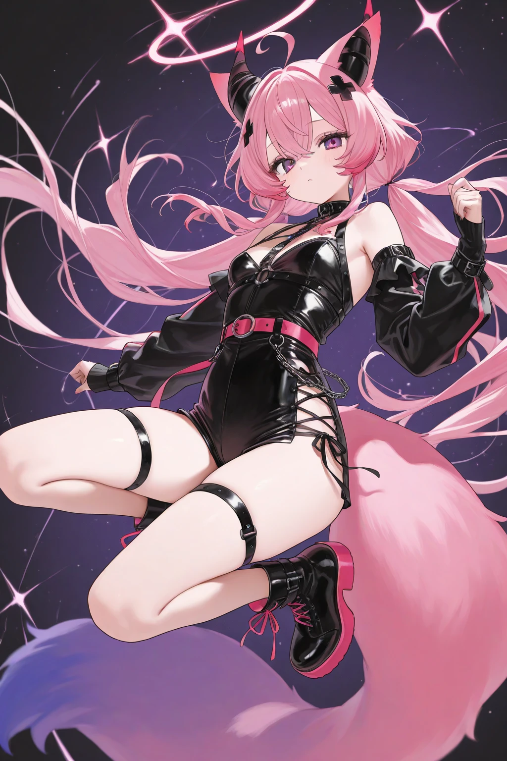best quality, super fine, 16k, incredibly absurdres, extremely detailed, delicate, flashy and dynamic depiction, beautiful cute girl, sparkling light blue big round eyes, happy, shy, smile, pink twin tails, thin flat body line, slender proportion, wearing pink and white horizontal striped knee-high socks, pink, white and black crop top, black micro bikini pants, red enamel long boots, cute pose, floating in the air, background iridescent aura-effect 