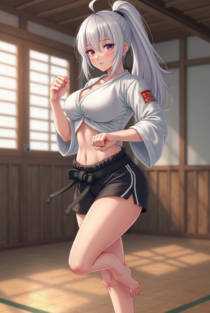 1 full length girl standing, good ass, maid of honor, Hairstyle with a white braid, white hair, blind, perfect lighting, muscular, thighs, mature woman, Mummy, belly button, ABS, look at the viewer (masterpiece, high quality: 1.1) smile, Extremely huge breasts, maternal, Porcelain skin, Extra long hair, shiny skin, good face, oni horns