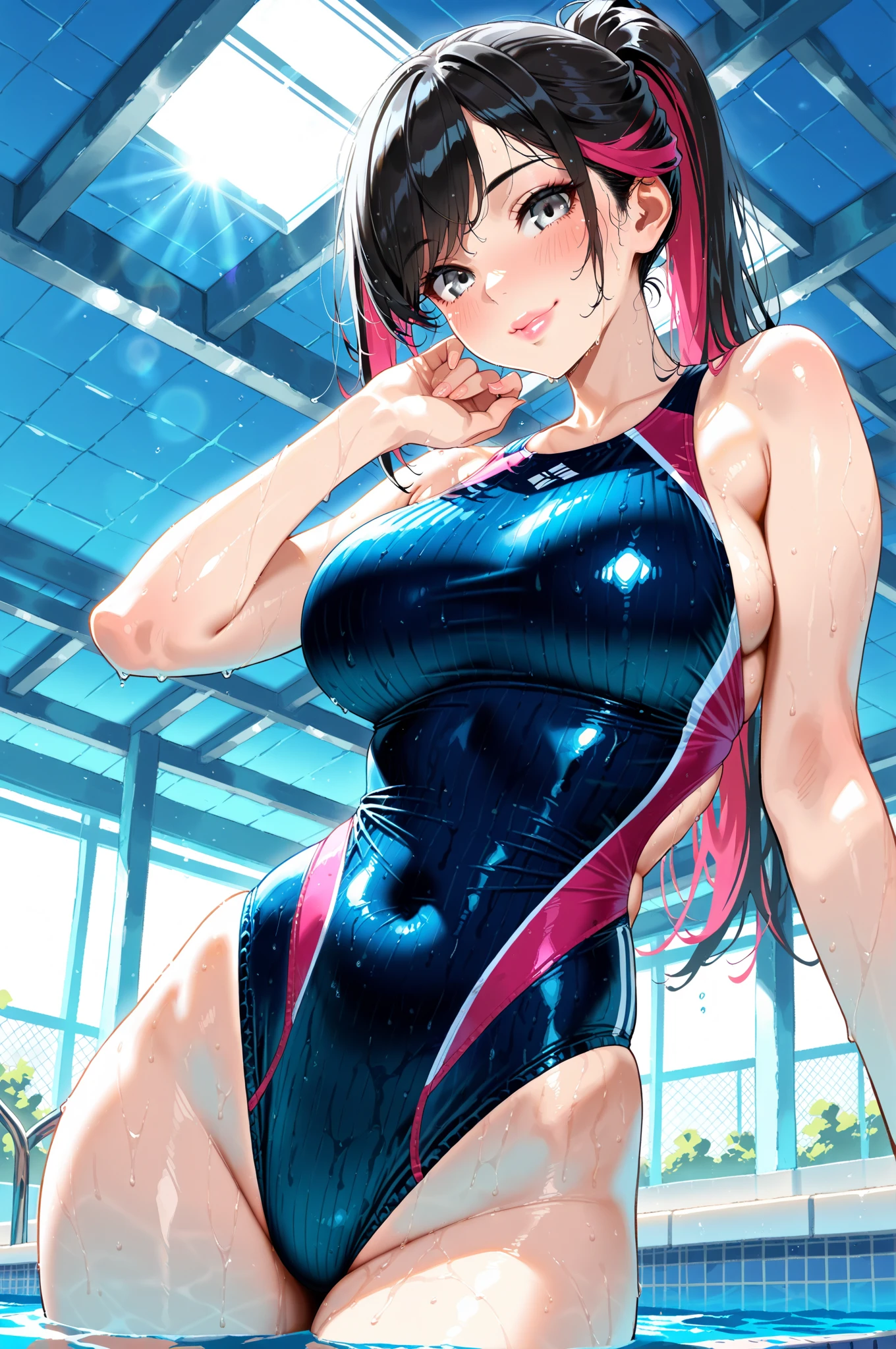 photo of 1 jpn-girls,locker room, crowd, large breast, yoga class, wearing glossy sky-blue colorful rhythmic-gymnastics-leotard, rainbow print, cleavage, body-fit, thighs, bare-legs, big anime eyes with shiny reflection, innocent smile, black hair,long hair,(full body shot)
