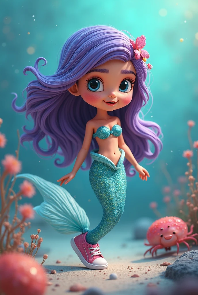 cute dark skinned baby mermaid with rainbow hair, white background