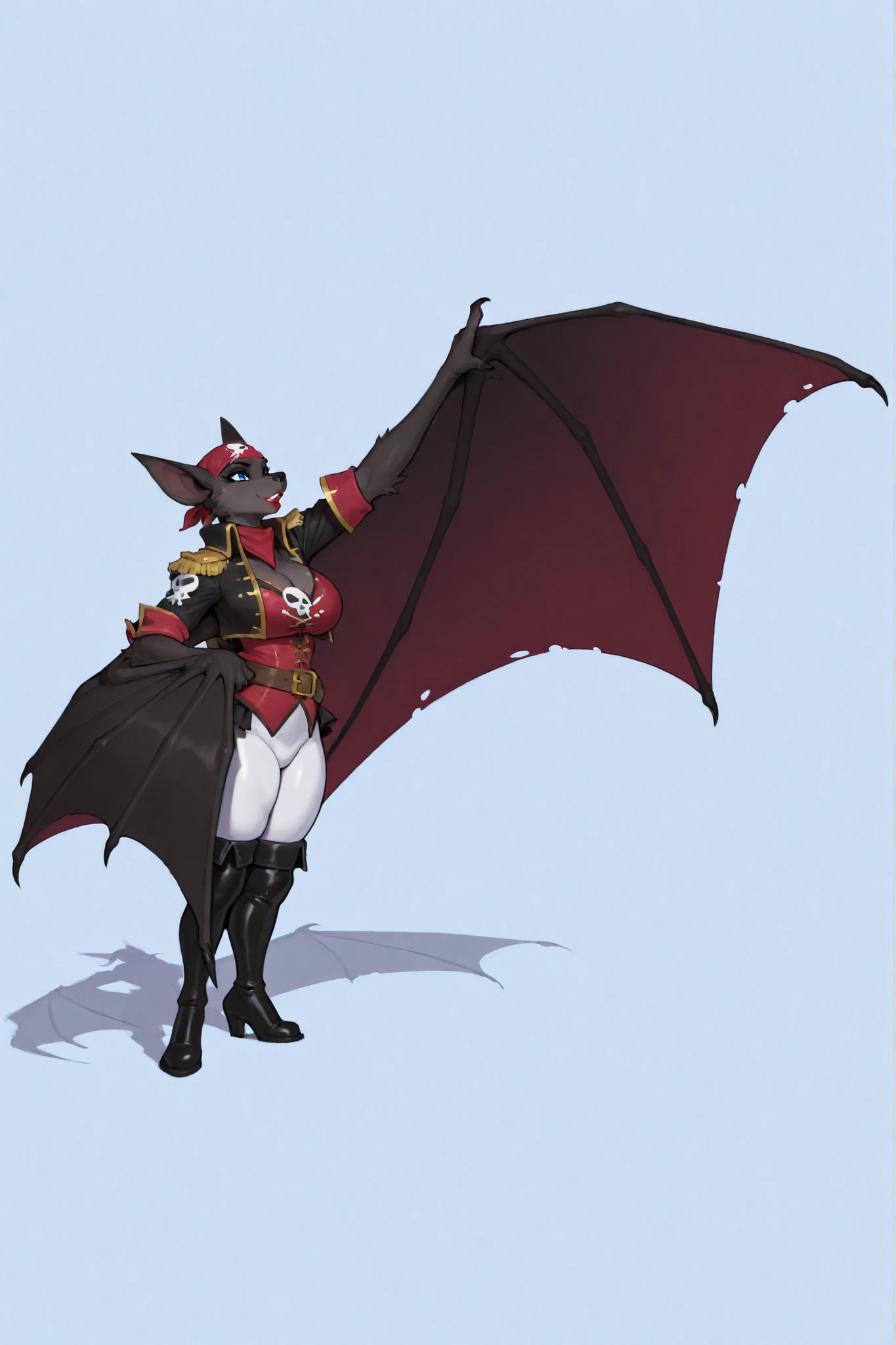 venusbody, thick thighs, huge breasts, anthro bat, wearing a black and white pirate clothes and a red pirate bandana, masterpiece, high quality, great Patagium arms wings, male, long snout, dark fur, blue eyes , drag makeup, drag queen, femboy, big ears, red lipstick, arm-wings, Patagium wings