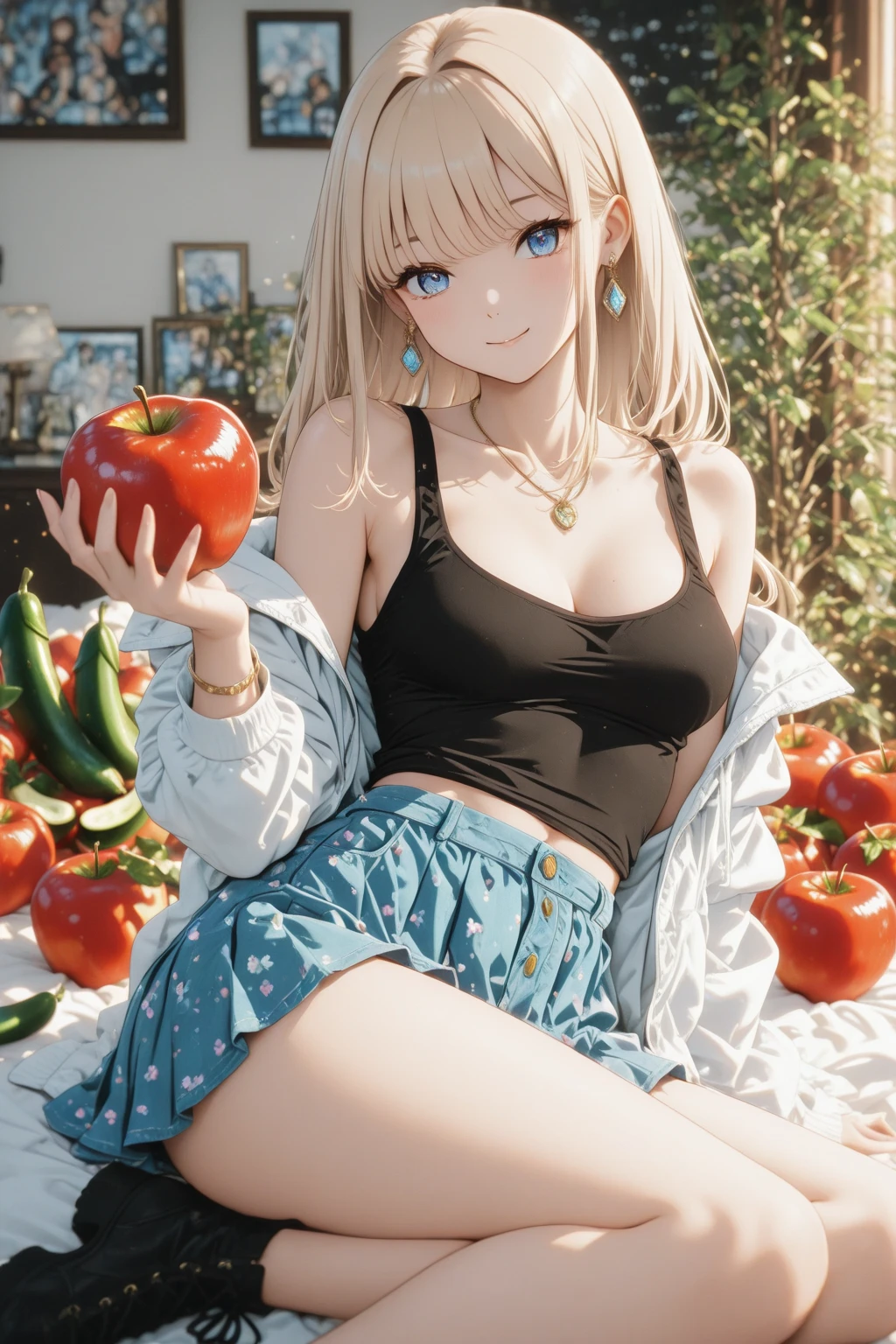 ((topless)), nsfw, masterpiece, solo, 1 girl, erect nipples, nipples, navel, necklace, scottish kilt, smiling, hair ornament, bare breasts, bare stomach, sweaty, cowboy shot, small breasts, puffy nipples, texts, bare arms, collarbones, blonde, flower crown, smiling, petite, flat chest, blue eyes, scottish skirt, small breasts, child, apple basket, farm, alpine, temperate, outdoors, petite, slim waist, snowy mountain, detailed eyes, beautiful eyes, perky boobs, realistic skin