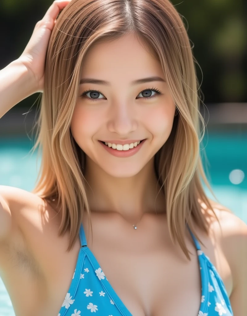 1 girl in, sixteen years old、(masutepiece: 1.1), (Best Quality: 1.1), Colorful bikini, (Beach: 1.1)、From below, a blond, Long hair,