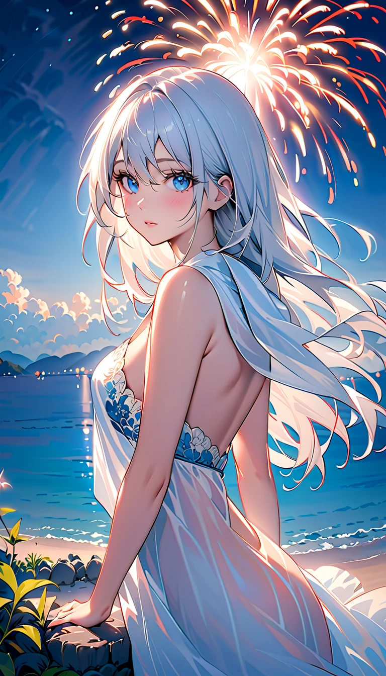 (Best quality,4K,8K,High resolution,Masterpiece:1.2),Super detailed,(Actual, Realistic),highly detailed, top quality, soft skin,Portrait, break, ((clear blue eyes:1.2)),smiling eyes,beautiful eyelashes,beautiful lower eyelashes, break, ((Beautiful and shiny silver hair:1.3)),A dazzling smile, a bursting smile, an open mouth laugh, break, very happily, break, ((beautiful aloha shirt:1.3)),((wearing a beautiful bikini inside:1.3)), break, ((beautiful night sky:1.3))