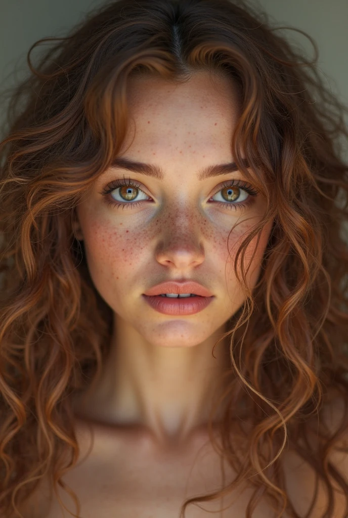 Reflective light , work of art, realisitic, art by Annie Leibovitz, texturized skin , highest quallity , highly detailed shot , 8k, Canon EF 50mmf/1.8 STM (editorial photography of a 20 year old woman), (high-detailed face:1.4) (ssmile:0.7) (background inside dark, temperamental, private study:1.3) ,rich colors, hiper-realisitic ,textura realisitic, dramatic lighting, Wavy hair, Messy hair, curls, ssmile, mischievous face, Red hair, freckles, greeneyes, Caucasian skin, Scarlet woman, work of art, em on (whole body) beautiful and big breasts