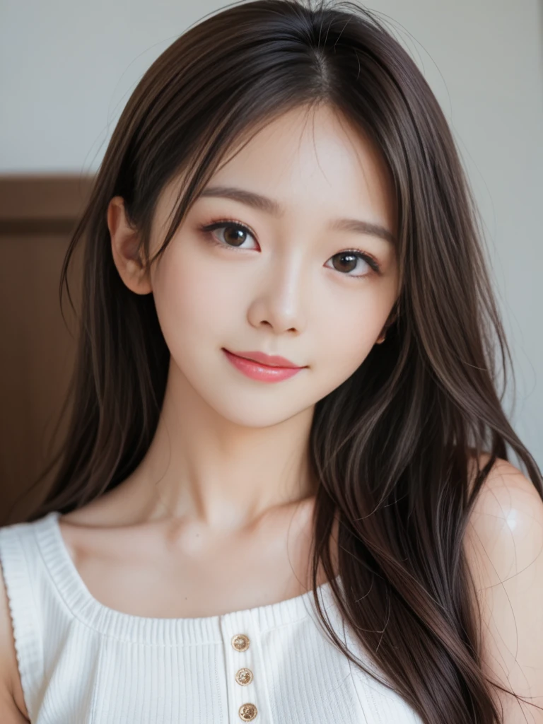 Masutepiece, Best Quality, Photorealistic, Ultra-detailed, finely detail, High resolution, 8K Wallpaper, 1 beautiful woman,, light brown messy hair, in a business suit, big breasts, foco nítido, Perfect dynamic composition, Beautiful detailed eyes, detailed hairs, Detailed realistic skin texture, Smiling, Close-up portrait, Model body type,
