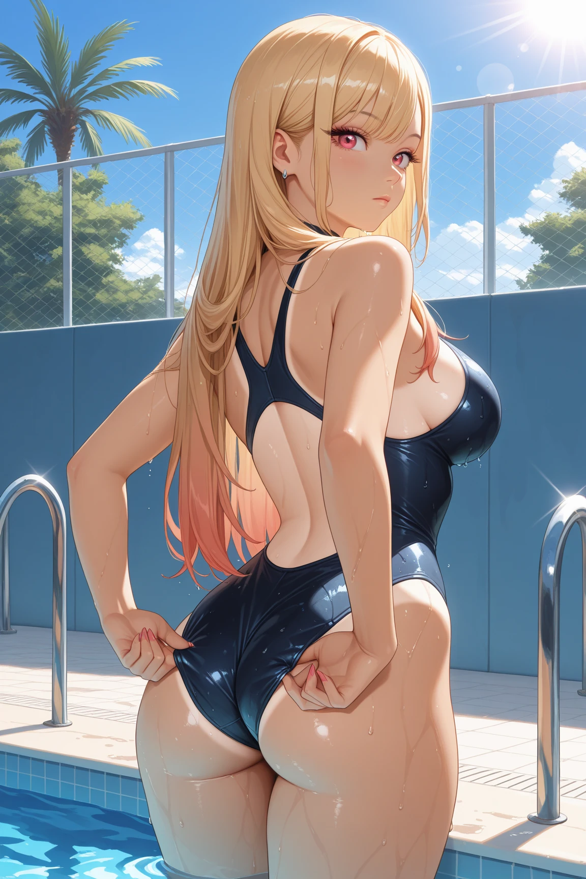 Turn your back on me、leaning forward、With both hands stretched out against the concrete wall、While supporting your body、Looking back at us over her shoulder with moist eyes, she is wearing a school swimsuit with a bust of 86cm and a waist of 52cm.、Blonde woman in her late teens with 78cm hips