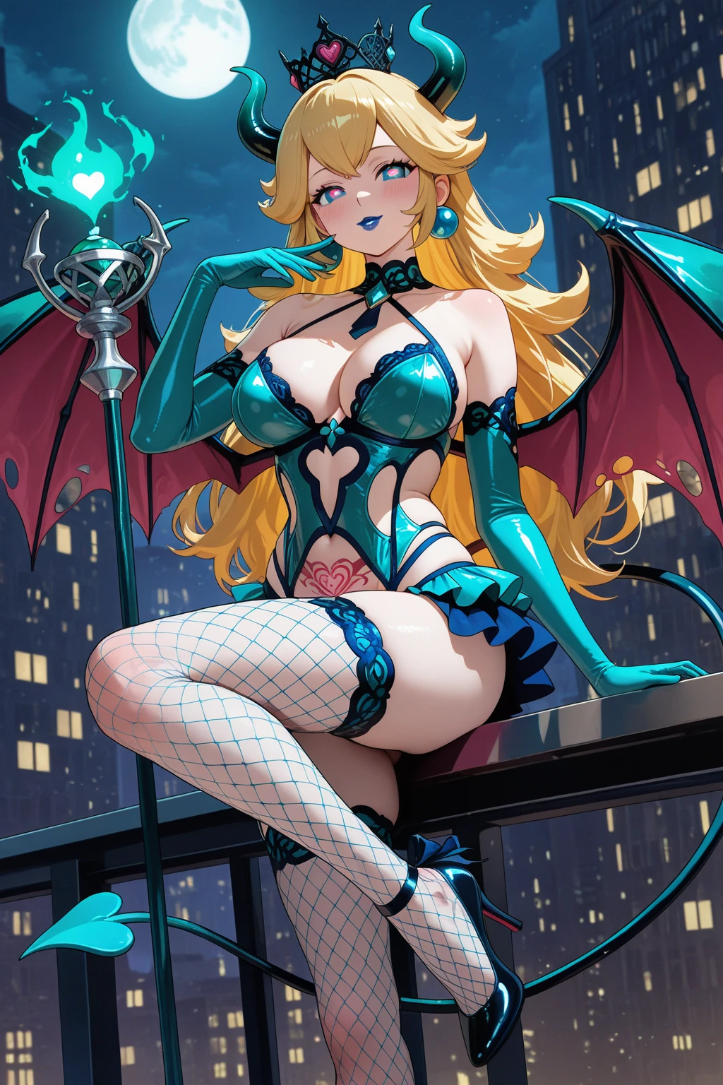 She has elegant blonde ponytails and striking blue cat eyes. Her attire exudes power and sophistication in a stylish pantsuit. She embodies the essence of a confident demon, radiating CEO-like confidence. Completing her enchanting aura, a pair of exquisite butterfly wings gracefully adorns her back.