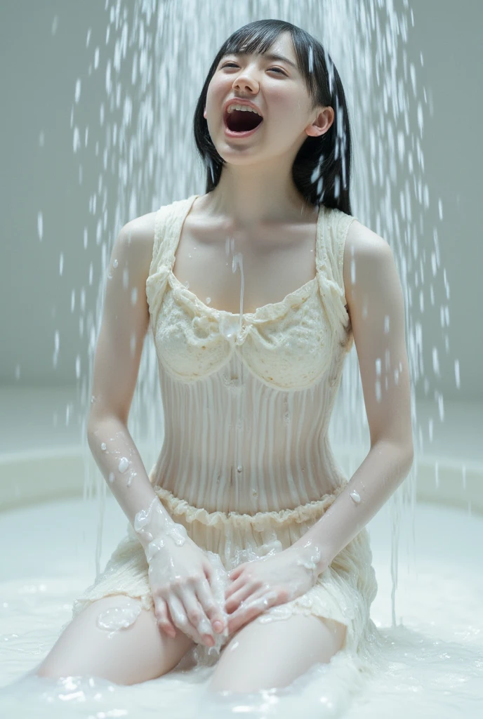 top-quality、Top image quality、((Standing on tiptoe、squatting and knees open))、A Japanese Lady、1人の女性、12year old、Wearing a transparent nightgown、No underwear、The lower part of the body is wet with lotion、the shape of the nipple protrusion is visible,、embarassed face、Sexual facial expressions、((the body is dripping wet))、frowned upon、Turning a blind eye、Screaming、Faint-hearted face、bathroom、 Water is flowing from the crotch、Water dripping from the mouth、Leaning over the body、