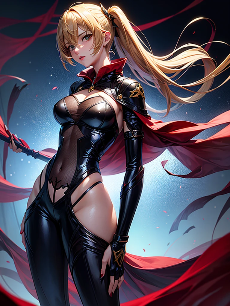 Beautiful images,Detailed Images,Official image,A woman wielding a Japanese sword,Blonde,Red Eyes,Ponytail Hair,Model body type,(Dark Skin:1.3),Elf Ears,Large Breasts,(Black ninja suit,Black bodysuit,Jet Black Cloak:1.3),