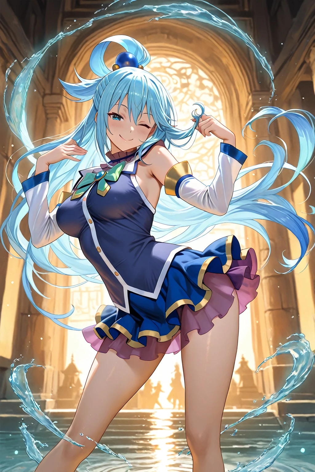 1Baby, anime girl, short girl, twins tail long hair style, blue hair with yellow combination, japanese highschool outfit, short skirt, blue eyes, aho ge, yellow ribbon each side of hair, stary eye, glowing eyes, proportional body, proporsional fingers, 4fingers