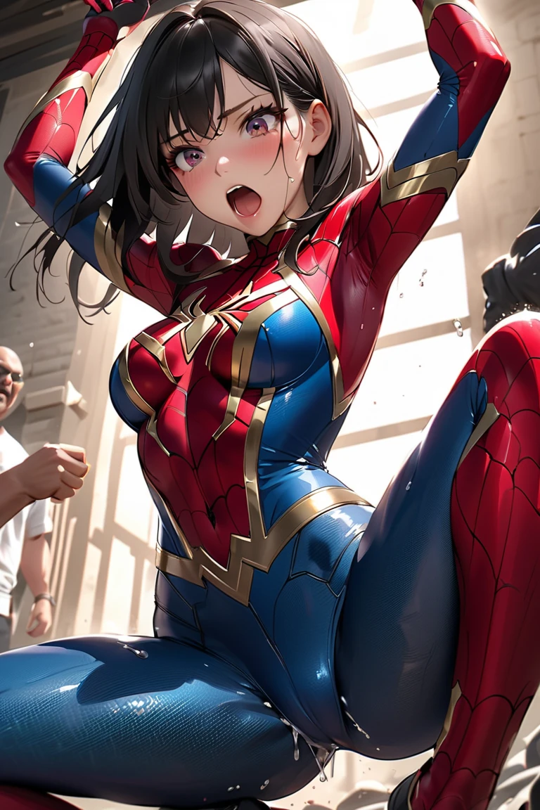 highest quality、complete limbs、Beautiful woman、solo、((brown haired woman:1.4))、((A woman with a tied hairstyle))、big breasted woman、((Woman in Supergirl leotard:1.3))、(((A woman surrounded by countless red tentacles)))、Tentacles wrap around a woman's body、The tentacles are wrapped around the woman's arm.、The tentacles are wrapped around the woman's legs.、((The woman is crying out in pleasure:1.2))、((The woman is panting with pleasure:1.5))、(((Three tentacles inserted into a woman's pussy:1.5)))、(((A woman whose entire body is soaked with mucus:1.5)))