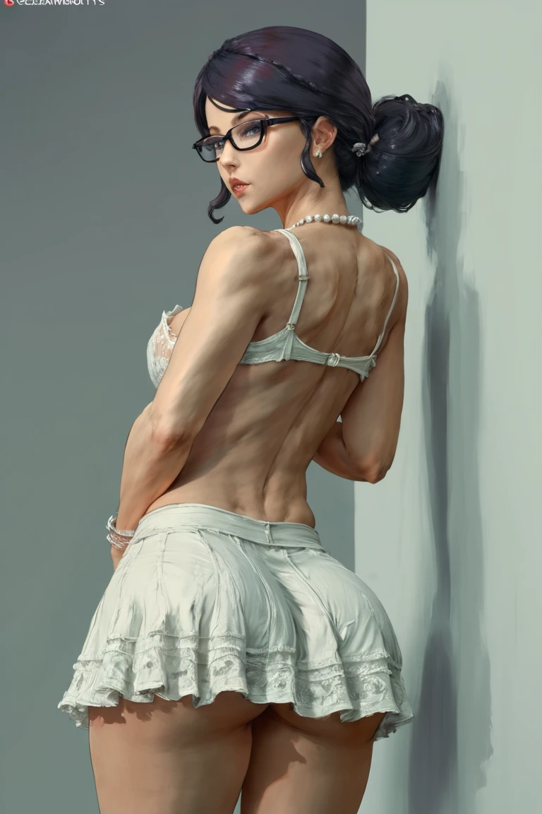 a woman in a short skirt and glasses is posing for a photo, uma garota アニメ hyper realist, hyper realist, fofasexyrobutts, realistic and seductive, lit from behind, bent, ecchi, estilo アニメ ecchi, oppai, linda garota アニメ agachada, ecchi style , アニメ, anatomically correcte, super detaill, high qualiy, 4K