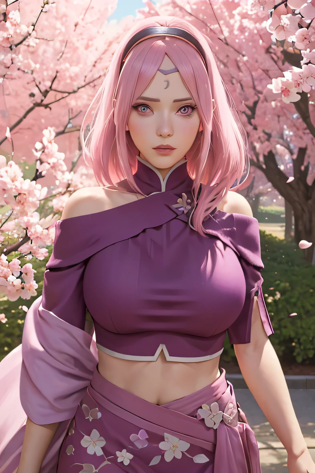 Sakura from the anime (Naruto Shippuden), beautiful eyes, bulky big chests, sensual, super realistic, well detailed face without distortions, epic image in best possible resolution, 8k, very realistic, depth of field, a work of art.