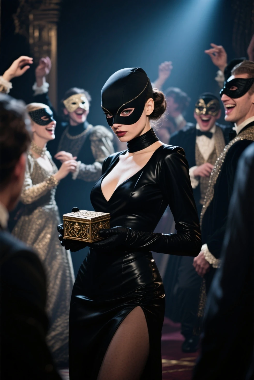 Generate images of Catwoman wearing a black corset who mistakenly arrives at a party
