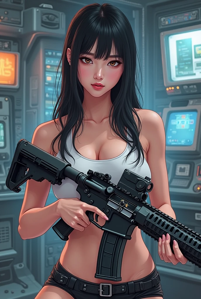(((a big breasted slim girl bikini with black (micro) Sunglasses))), (((((pointing a gun at the viewer))))), a balcony of a futuristic building, Aerial view of an ultra-futuristic megalopolis, Metal buildings and houses in dark colors, from dark blue to black., shades of metallic grey, smoked metal structures, Industrial environment with smoke and fog around., futuristic cars on the streets, desert megalopolis, Modern metal rails and passing trains., tall futuristic metal buildings, ultra modern buildings, (((((futuristic aircraft carrier))))), realist, detailed, Science fiction.