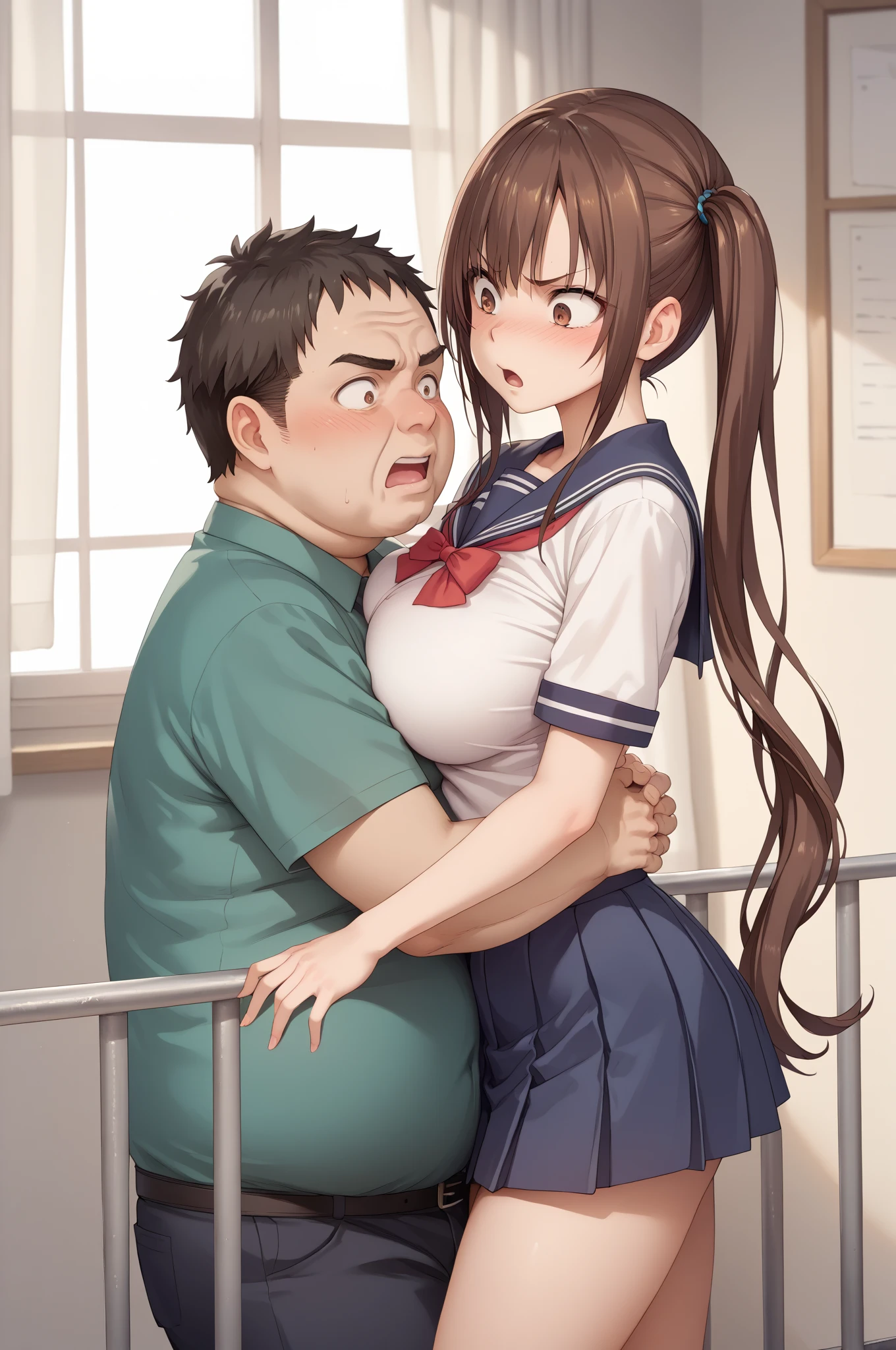 bbw sitting on tiny boy's shoulders, white background, full body, uniform