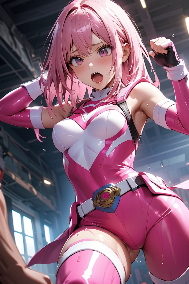 masterpiece, best quality, hires, 1girl, solo, leotard, bare legs, matching boots, sleeveless, looking at the viewer, city backdrop, perfect hands, perfect eyes, perfect leotard, perfect legs, perfect arms, perfect fingers, perfect anatomy, medium breasts, magenta pink leotard, pink leotard, blonde hair, long hair, knee boots, blue eyes, heart cutout, cute face, hair down, bangs, sleeveless, pink gloves, pink footwear, cleavage cutout, superhero, solo, single, standing, using her powers, body infused with energy, heroic, cowboy shot