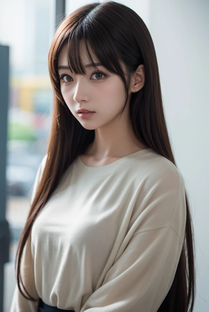 (Anime)(realistic)(manga), a beautiful realistic anime girl with big in a room watching the camera
