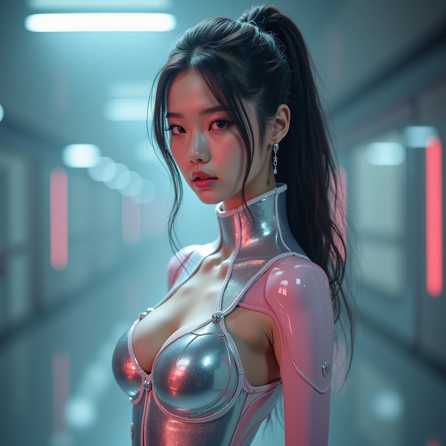 1 realistic girl,white goods, long hair, breasts big, ((Extraordinarily realistic details)), portraite, World-class lighting, ombre, octane rendering, 8f, ultra sharp, white metal,complicated, detailed jewellery, cool colors, highly complicated details, realistic light, trends at CGSociety, glare eyes, beautiful face, cleary see face, Double eyelids, Pose as a model, Face the camera., neon details, mechanical members, blood vessels connected to tubes, Wires and cables connected to the body, highy detailed, เทคโนโลยีจากfuture world, future world, alien tech, space ship, Advanced alien world, cutting edge technology