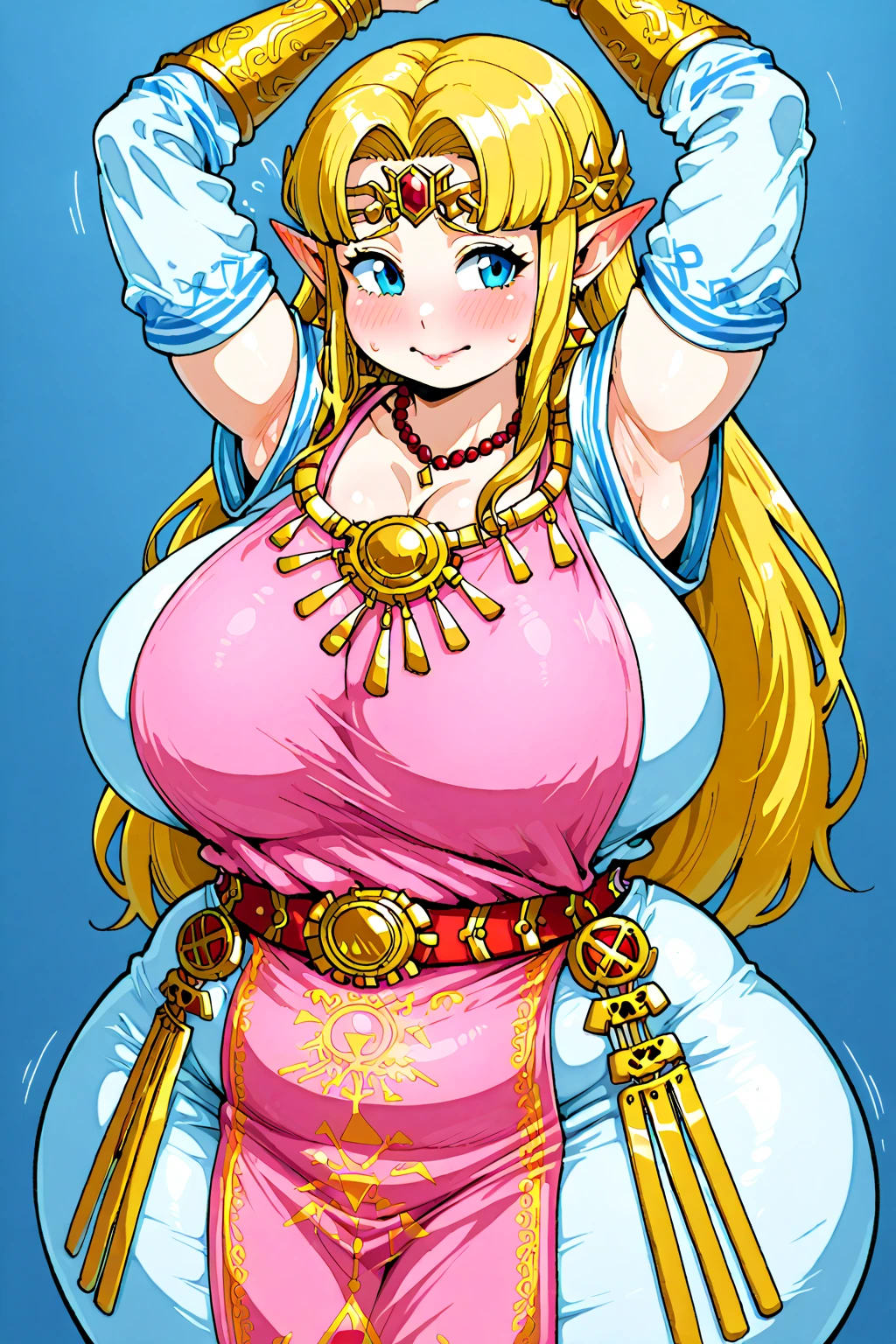 breast on tray,,blonde hair, blue eyes, short hair, cute girl,moe,huge breasts, pink girls room, <lora:breasts-on-tray-v2:1>, <lora:zelda_ALBW_v1:0.9>,zelda,pointy ears,dress