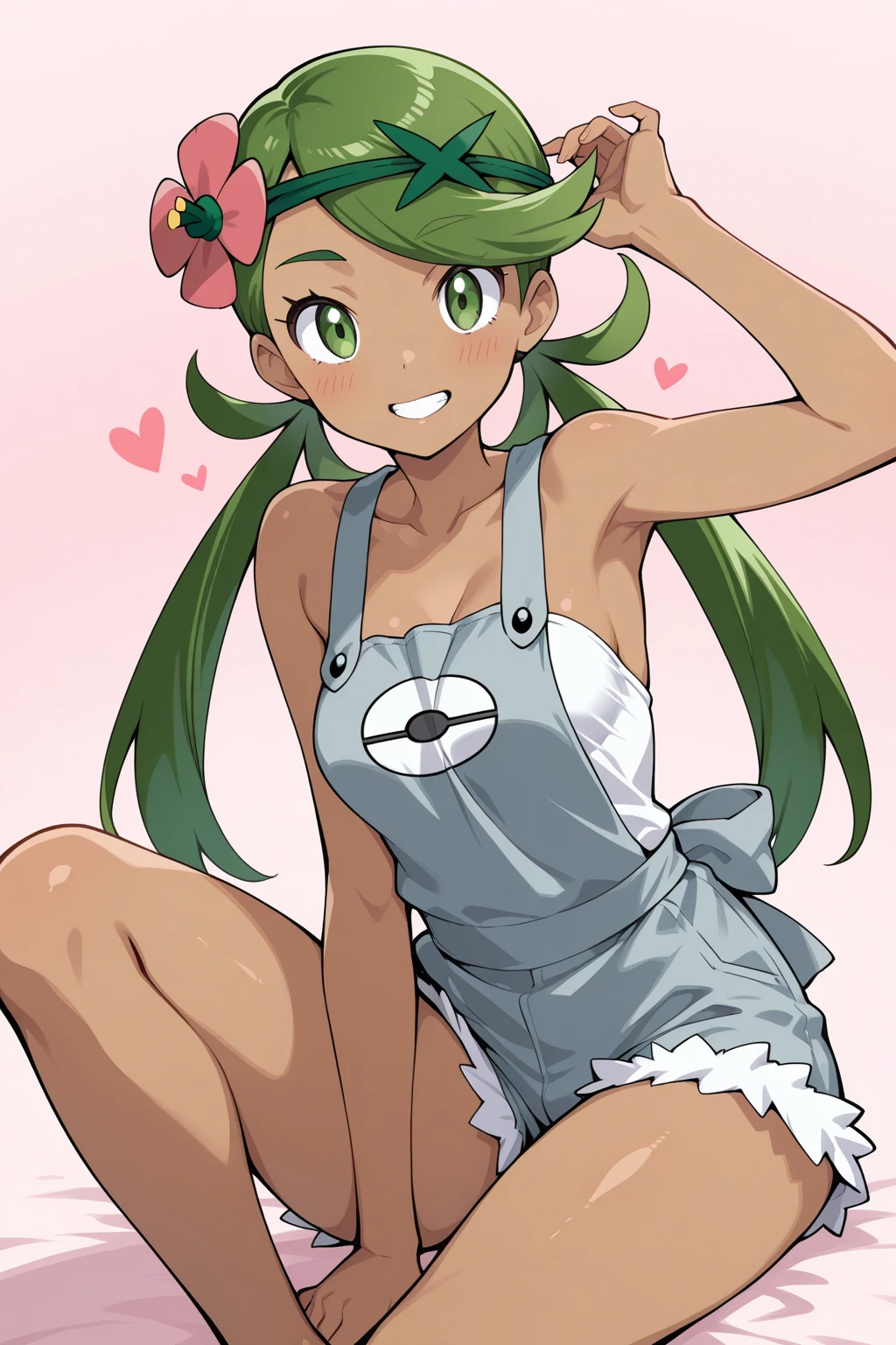 (masterpiece, best quality), 1girl,  pkmnmallow, 1girl, solo, green eyes, empty eye, half-closed eyes, green hair, long hair, low twintails, swept bangs, dark skin, dark-skinned female, green hairband, hair ornament, hair flower, pink flower,, pink shirt, bare shoulders, sleeveless, overalls, shorts, sitting, spread legs, blank face,  parted lips 