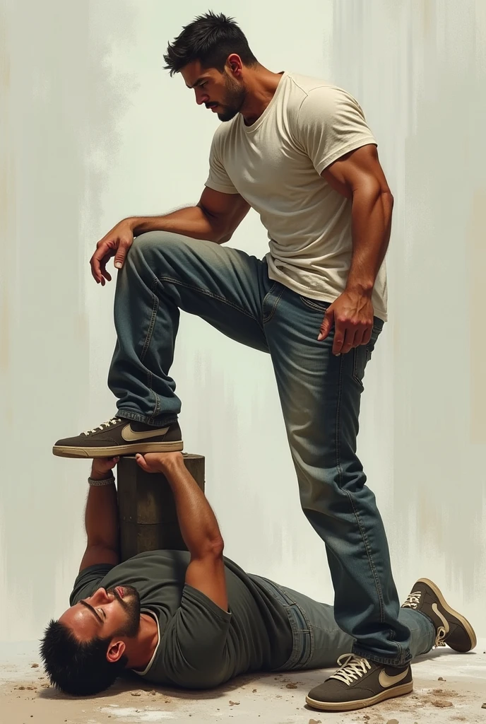 Handsome indian young fit college boy shirtless and wearing tight jeans and timberland brown boots trampling
on the face of  college boxer