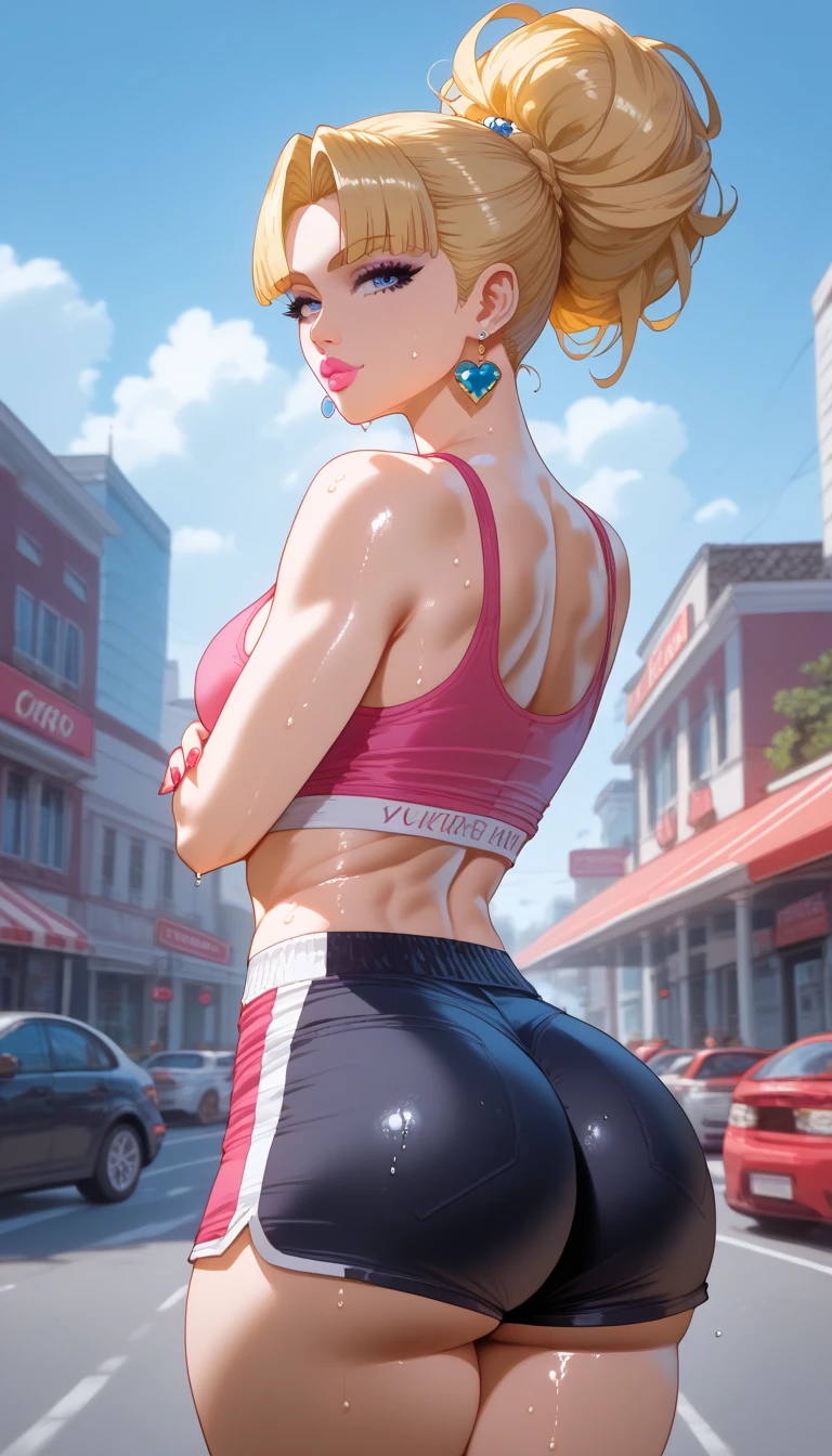my Hero academia, Mina_Ashido, (((1girl))), voluptuous, ((pink_hair, pink skin, yellow_eyes)), ((highly detailed face))), large_breast, ample hips, insanely detailed accentuated big booty, gorgeous legs, well toned body, great aesthetics, wearing urban sundress, sunglasses, stilettos heels, (ultra_detailed), super adorable, 30years old, in the summer,