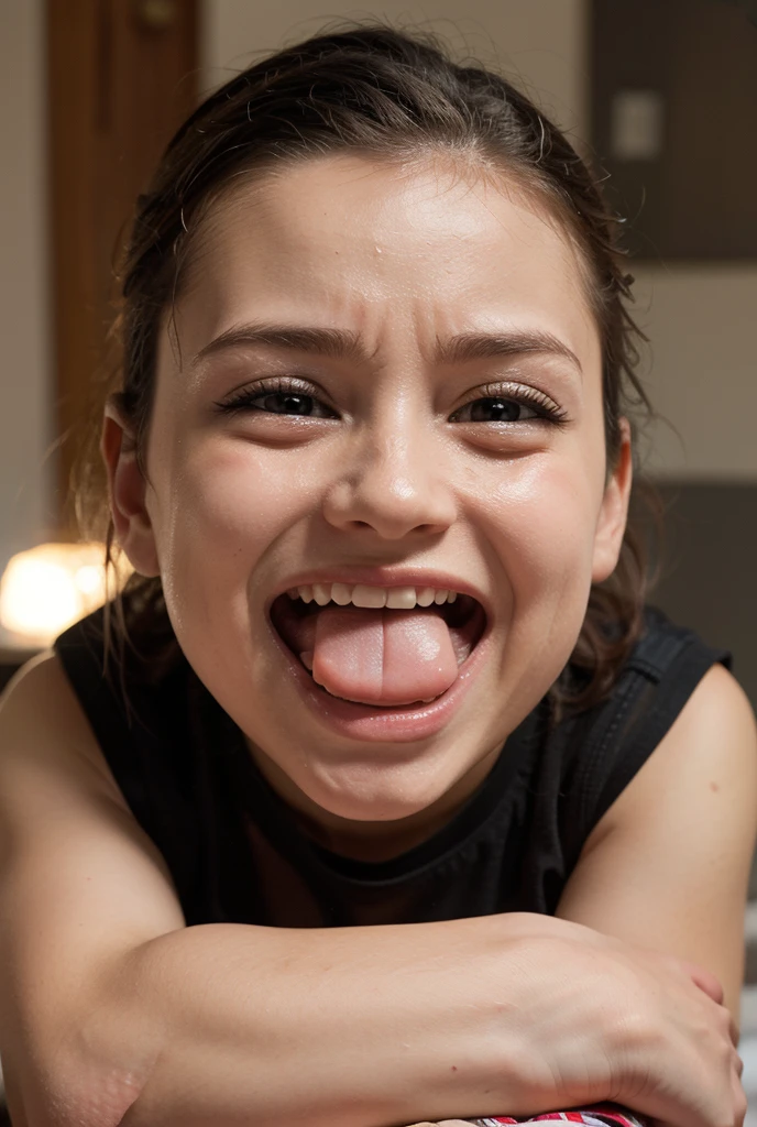 2 cute teenager's with opened mouth and tongue out, tongue out:1.5, shot from above, kneeling, cute face, eager to catch something with mouth, light blue eyes, soft smile