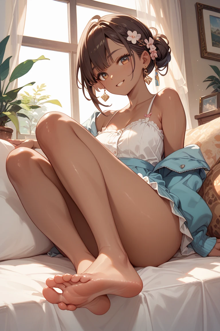 One girl,(((Wearing white cotton panties))),(((On the bed, spread your legs and raise your thighs))),big eyes,((Her hair is short and tied up in a ponytail just below her ears.)),((Wearing white knee socks)),Cute clothes,Girl is facing the front,Suite Room,Excited,The chest is a little small,Black brown hair,Wearing a pink ribbon,Baby Face,She is looking at me shyly, but her mouth is open and she is smiling.,Pink eyes,Lower both arms, bend both elbows, and bring both hands to your mouth in a fist pose.