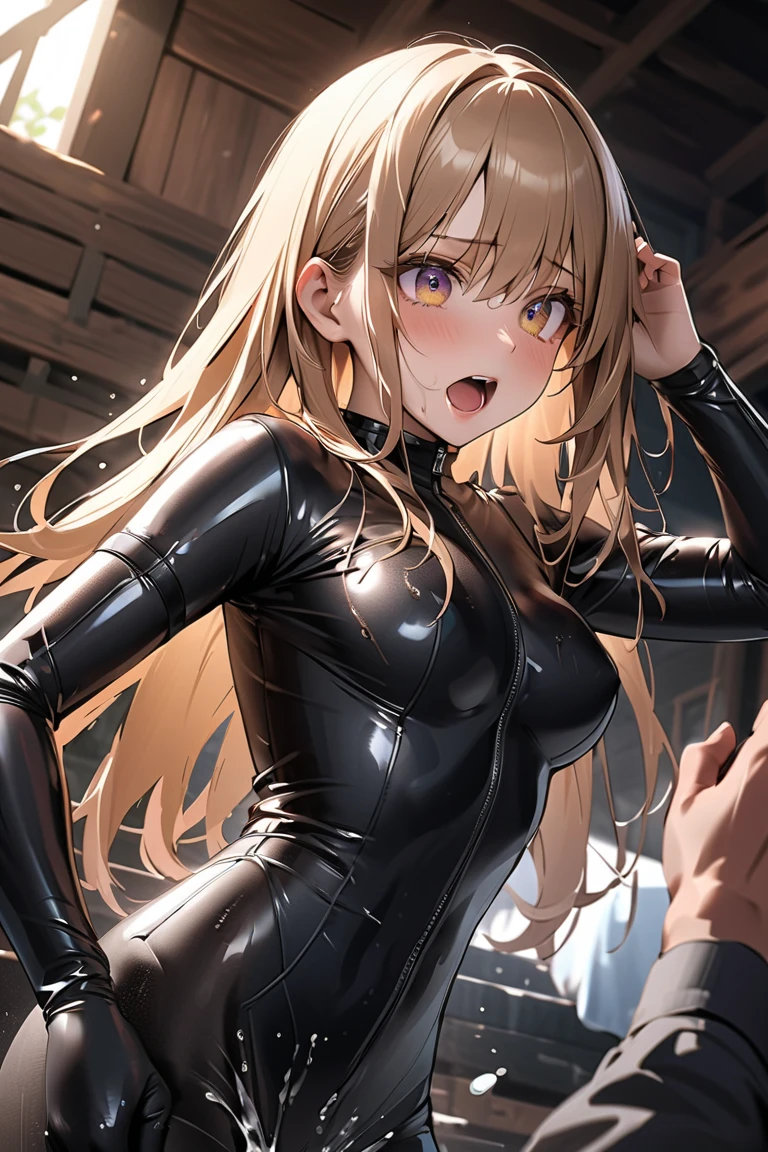 lineart anime a woman and the drawing is in the front angle, She is in a frontal position and she is wearing a skintight bodysuit, She has thick thighs and her chest is almost bulging, She is on a stage and in the background there is an audience, She has her arms raised up and is in the front angle looking at the camera