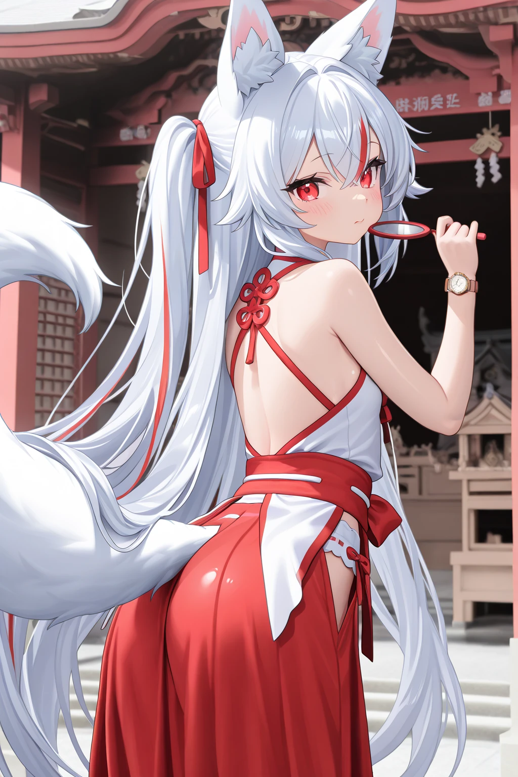 White hair, girly, white cat ears, red eyes, anime, shrine, nudity, pain, screaming, blushing