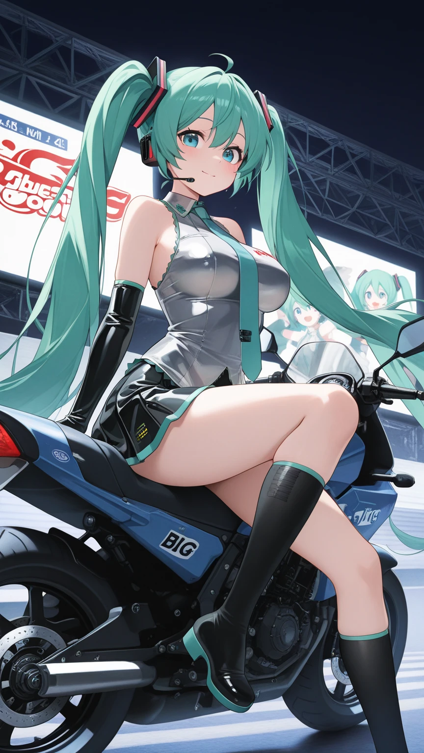 1female, solo, 21 years old,mature,plumw,extremely large bosom ,Pornographic exposure, solo,(Background with:stadium) She has short green hair,bobo head,(((green hair))), (((in the race stadium))),seen from the front, hair straight, mostly cloudy sky,(((tmasterpiece),(Very detailed CG unity 8K wallpaper),best qualtiy,cinmatic lighting,detailed back ground,beatiful detailed eyes,Bright green pupils,(Very fine and beautiful),(Beautiful and detailed eye description),ultra - detailed,tmasterpiece,)),facing at camera,A high resolution,ultra - detailed),revealing breasts,Bare genitals, Bulge,legs are open,Raised sexy,Camel toes,Flushed complexion,Open-mouthed,frontage, racer, sitting next to the car, ((green race Ferrari car))(Wearing: black jacket, Track and field suits,Black and green color scheme)racer uniform armor, (((under boobs)))