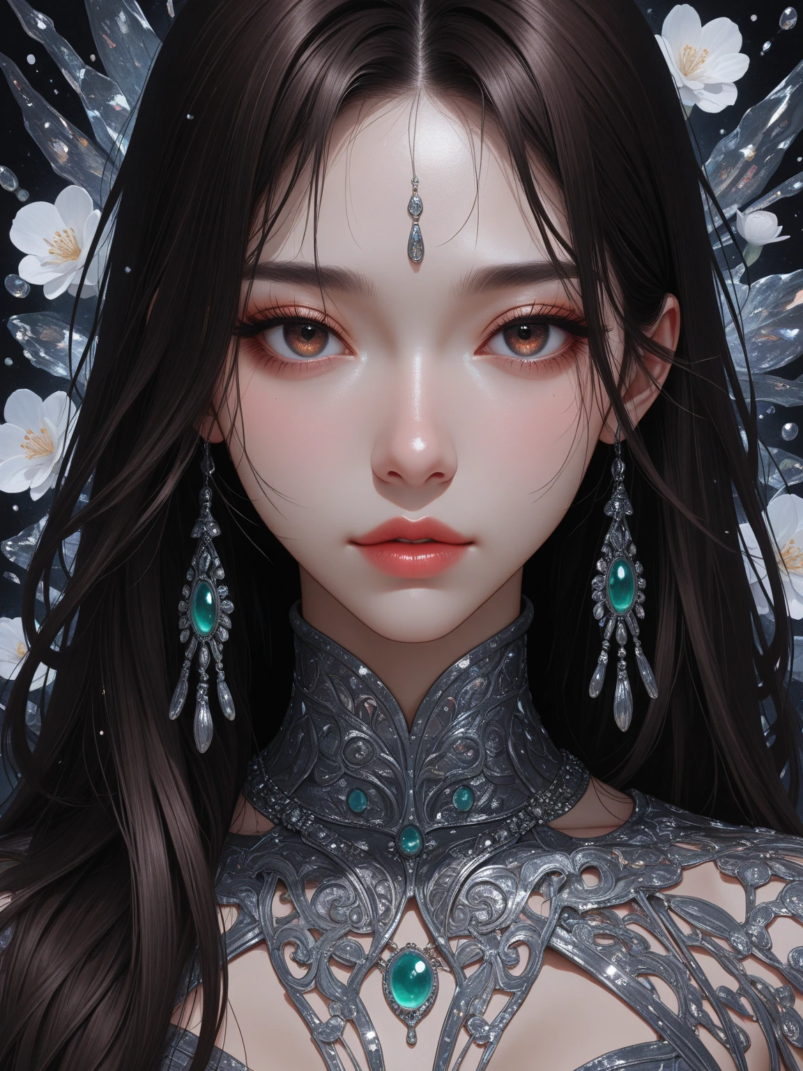 (dark brown eyes;1.2),intricate detailes、Terrible、The most beautiful forms of chaos like glasswork、Delicate、fleeting,gotik、Glasswork、girl, Cute,Complex pattern、dynamic ungle、Transparency、reddish、azur、A black、