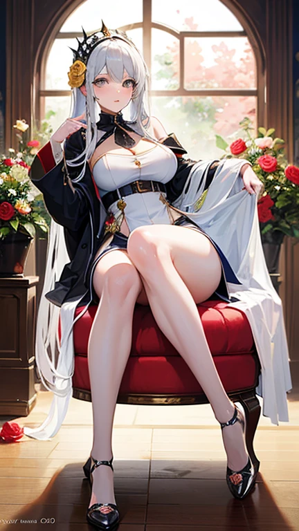 White long hair, red pupils, white suspender thigh boots, white long gloves, white over-elbow long gloves, white high-heeled thigh boots, white thigh boots, belt, leg loops, (binding), bondage, white dress, anime - a stylistic image of a woman sitting on a chair in white and red outfits, from the girl front, fine details. Girls frontline, Azur Lane style, from The Azur Lane video game, from Arknights, characters from Azur Lane, Cushart Krenz Key Art Feminine, Girls Front Line Style, Girls Front Line CG, Trending on ArtStation Pixiv