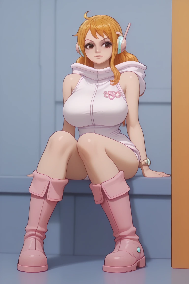 ((high aesthetic)), art by kipteitei, absurdres, absurd resolution, highly rated, highres, art by kipteitei, high resolution, best quality, masterpiece, full body, (facing viewer), 1girl, ((solo)), indoors, clothed, perfect face, perfect eyes, neneneji, tight outfit, smile, natural skin texture, 4k textures, hdr, intricate, highly detailed, puffy lips, thick lips, hyperdetailed, mature female, inoue orihime, long hair, orange hair, (brown eyes), thighhighs, shorts, sleeveless, hood, hoodie, pink hoodie,