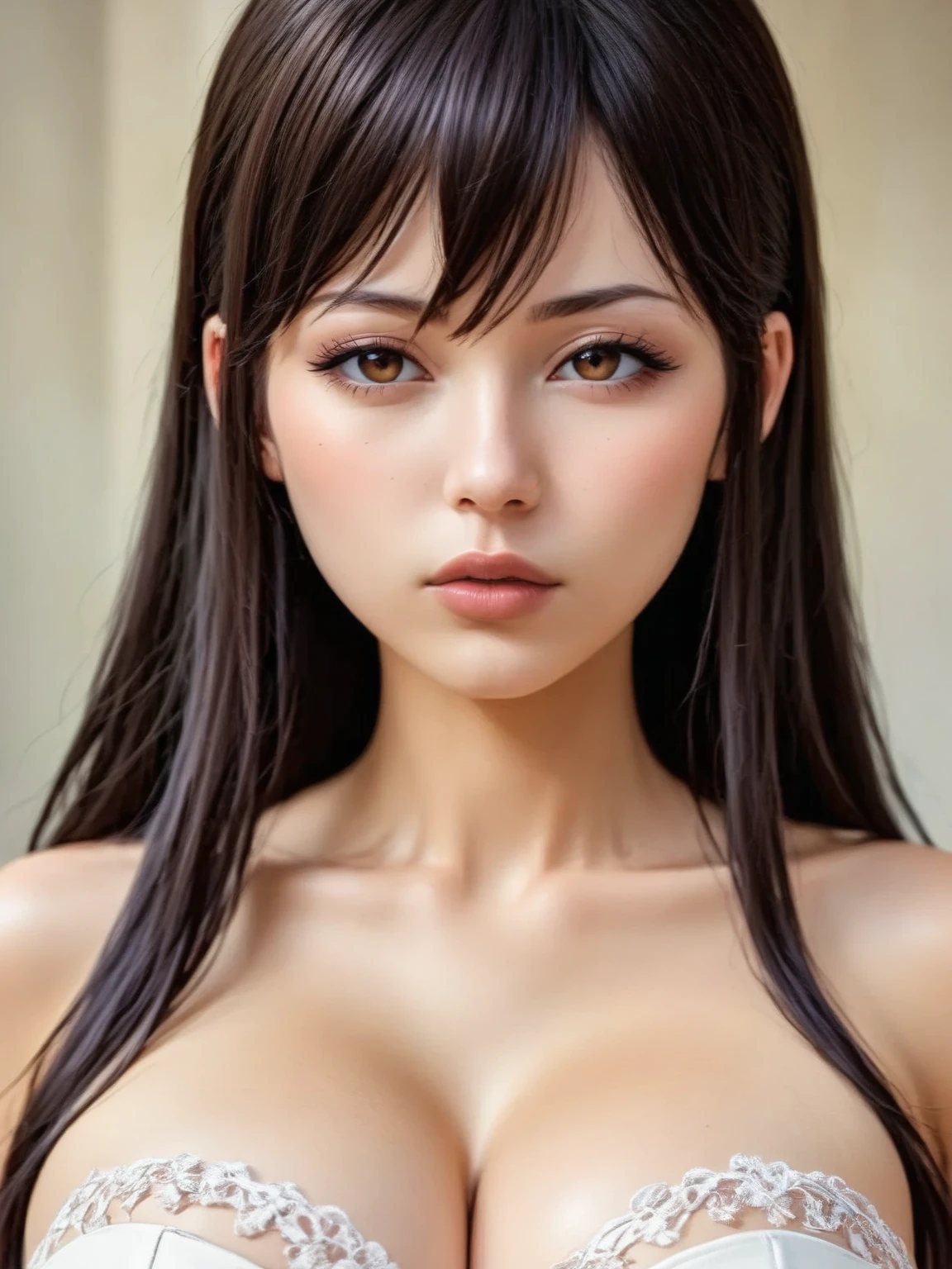 Masterpiece, ultra-detailed, a woman preparing to kiss in a dark old castle, fireplace, beauty personified, voluptuous, curvy succubus named Hana Haruna, chubby figure of a gravure idol, body measurement of 100-70-90 cm, long hair cascading down to her shoulders with straight bangs framing her face, braid, full and glossy lips, clad in a black fishnet suit, net suit, fire illuminating her glossy skin, tanned skin, soft and warm indirect light gently kissing her features. Burgundy hair. Cinematic and captivating. Picture is taken from below, extreme close up of her face and cleavage from down up