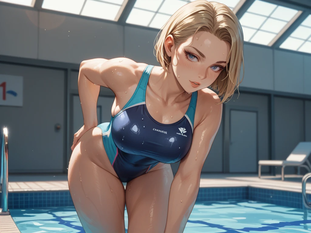 Poolside、Naked and sweaty、Back view、Standing on tiptoe、Blonde、ponytail