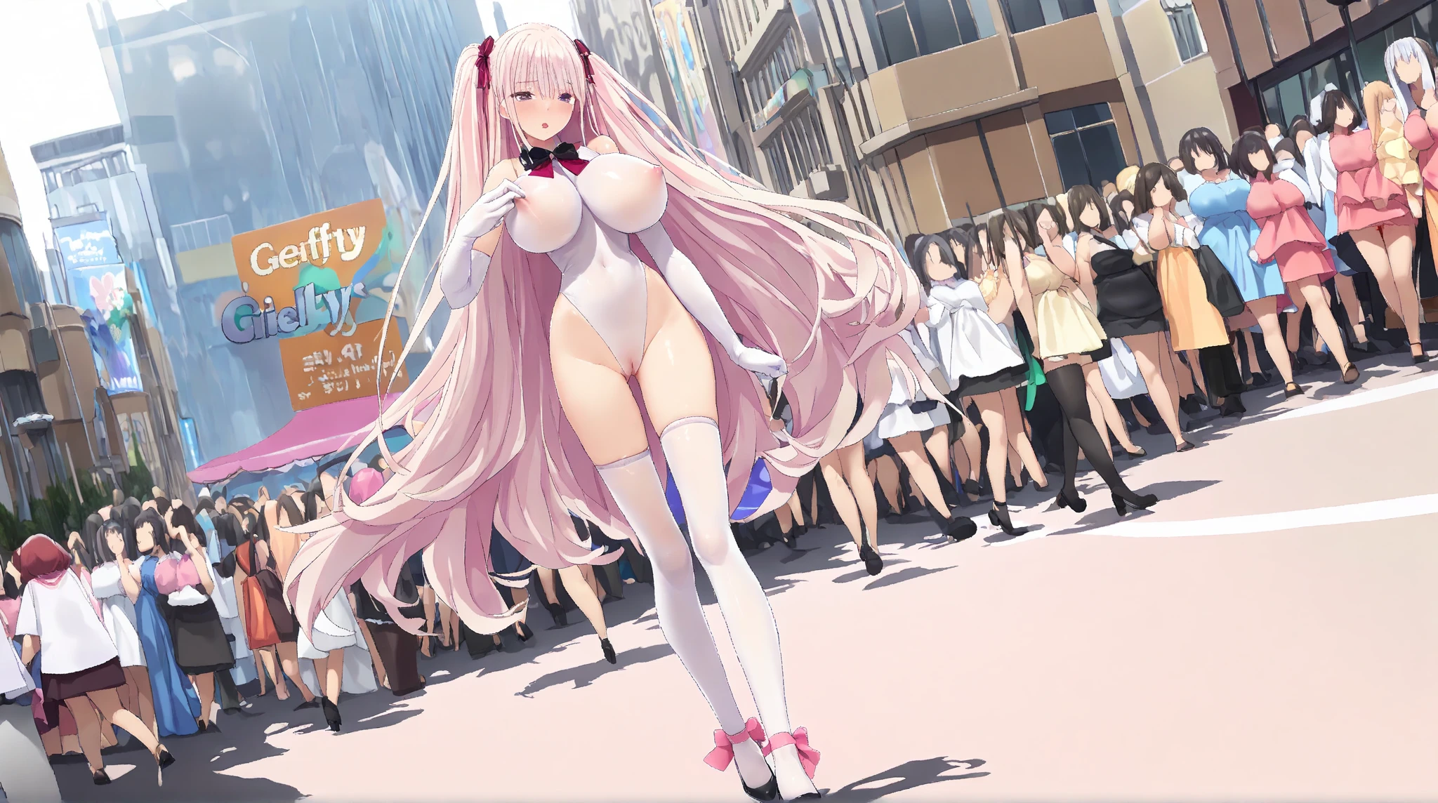 Masterpiece、最high quality、high quality、High definition、High resolution、High detail、Lens flare、Ray Tracing、high qualityなテクスチャー、high qualityな影、Beautiful details、Detailed explanation、Detailed texture、Realistic facial expression、Realistic and colorful、Delicate、Cinematic Light、Side light、Sharp Focus、(1 Female:1.3)、(Intricate detailakeup、Pure Eros Face_v1:0.5)、(Details Beautiful delicate face、Detailed beautiful delicate eyes、Perfect Facial Proportions、Detailed skin、Charm)、Fancy Twin Tails、Beautiful bangs、(Pink hair and two-tone gradient hair)、slender、(Large upward-facing breasts)、(Detailed crotch、V-Cut、High Leg、Thong)、Thighs、Removing the Sleeve、boots、Provocative attitude、Release your knees、Leg spread、Raise your arms、Low-angle composition、(Take a deep breath、Work on this image step by step)