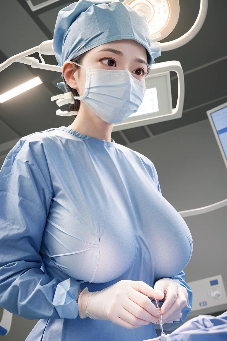 korean girl, (behind corpse, corpse has very big saggy breasts:1.4, ), blood splatter, holding knife, stabbing, black gloves, room full of blood, nurses outfit, surgical mask, pretty eyes, long lashes, hair tied up, hair clips, holding knife, black gloves, behind corpse, short hair, night, mass murderer, robbery, in the hospital, unzipped
