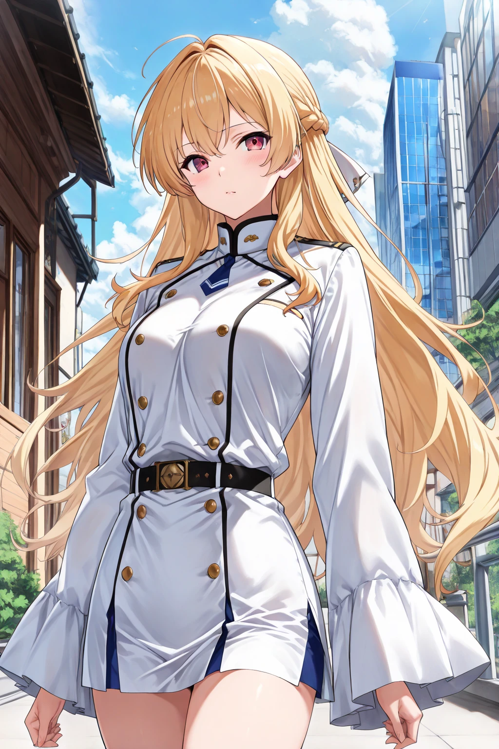 masterpiece, ultra high quality cg, best quality, perfect image, alisa reinford, scrunchie, white jacket, strapless dress, belt, cowboy shot, blushing, looking away, park