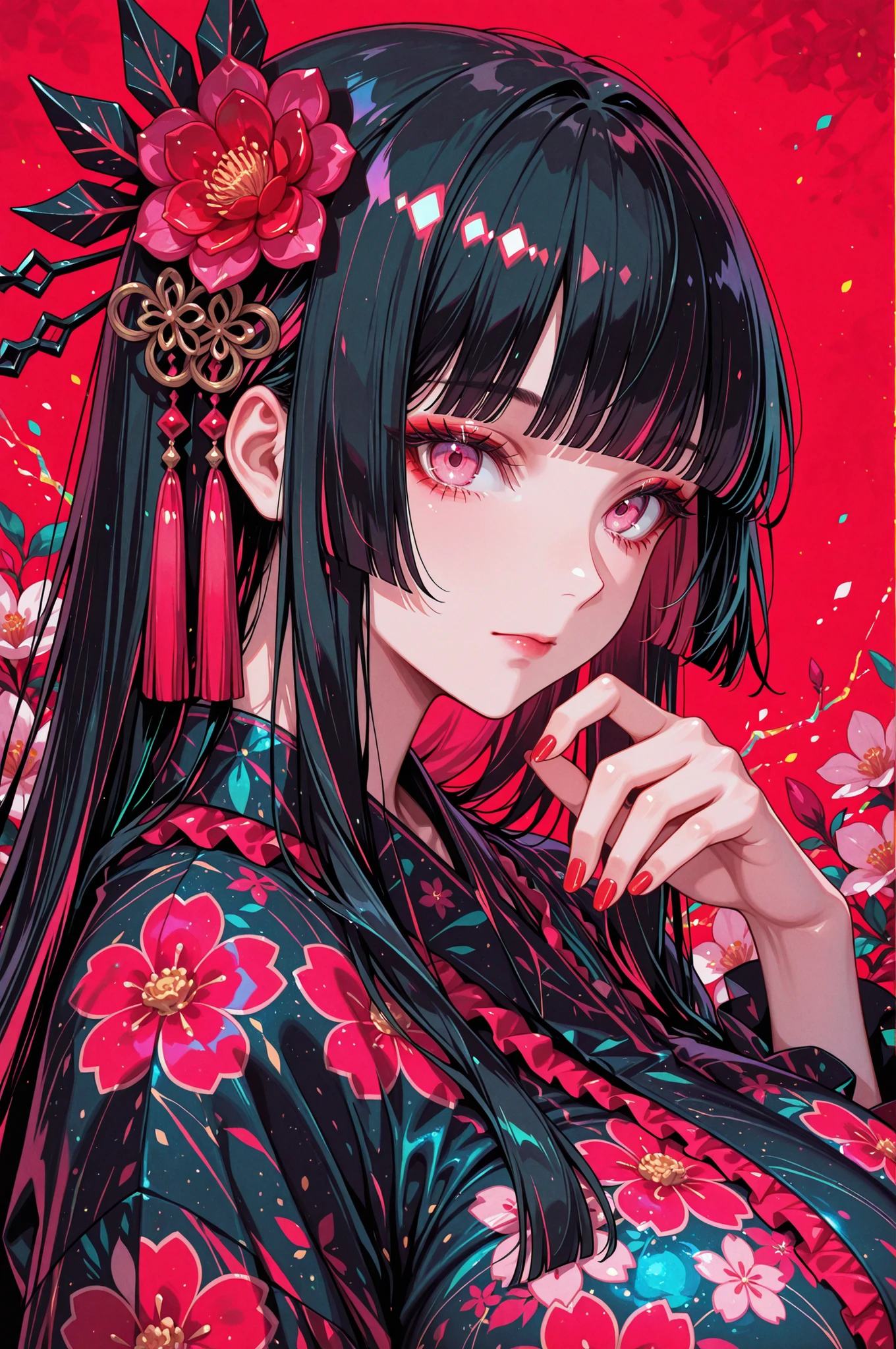 woman, solo, red nails, looking at viewer, bangs, pink eyes, long hair, black hair, hair ornament, hand up, flower, blunt bangs, closed mouth, tassel, ribbon, portrait, colorful, red background, frills, multicolored hair, upper body, floral yukata, gigantic breasts