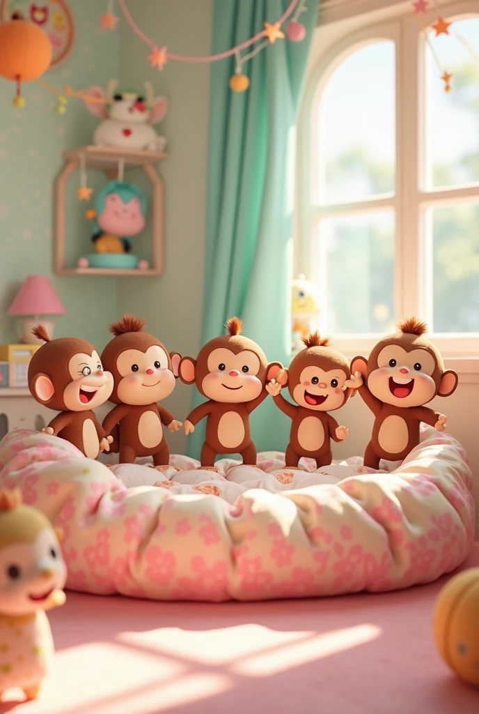 High Resolution, HD, High Quality, Super Detailed, High Details, Masterpiece, Anime, Anime Style, Character Design, high fantasy, epic art, animal characteristics, real animal, animal, FURRY CREATURE ANIMAL
{{creature: baby orangutan:(brown baby orangutan eyes, bab yorangutan head, baby orangutan face, baby orangutan nose, baby orangutan open mouth, baby orangutan nose, baby orangutan neck, baby orangutan short baby body, baby orangutan big mouth, orangutan fur, baby orangutan long arms, baby orangutan legs),(green diaper, green scarf),(laughing happy and innocent, spreading love, baby cuteness, innocent amd pure infant),(wooden bed, hindu bedroo, sunny rays coming through windows, several fluffy toys in form of clouds)}}