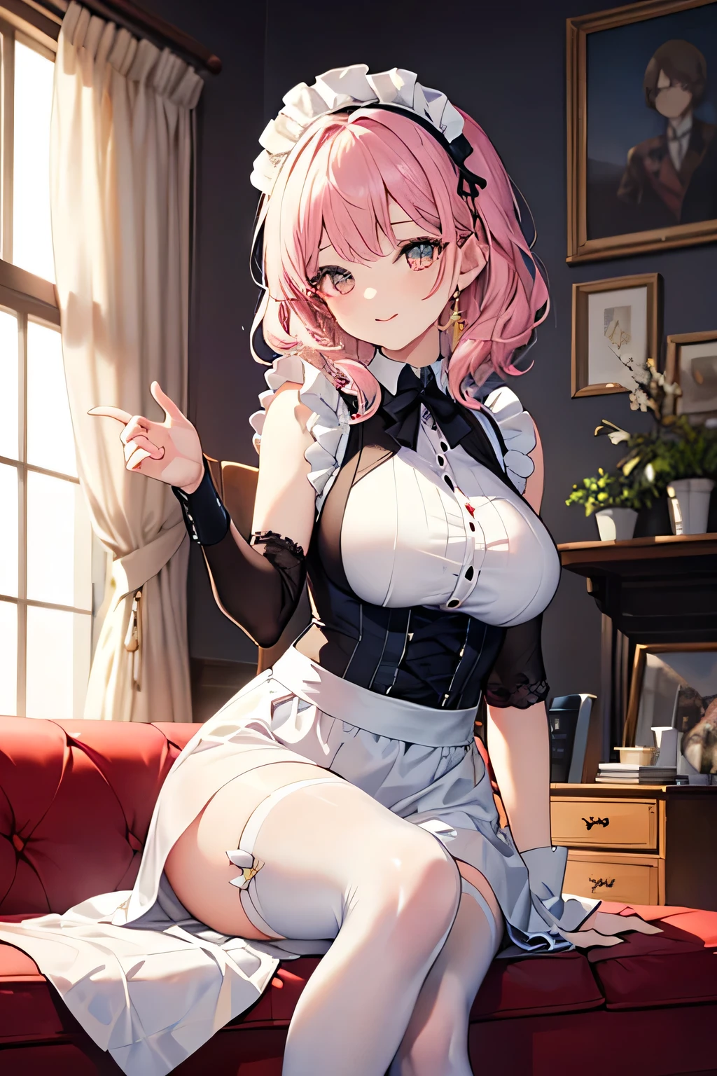 1girl in, solo, Nino Nakano, pink hair, butterfly hair ornament, (bare chest:1.3), (white apron), breast cleavage, thighs thighs thighs thighs thighs, cafe bottom, (red blush:1.3 ), leg opening
INFO
