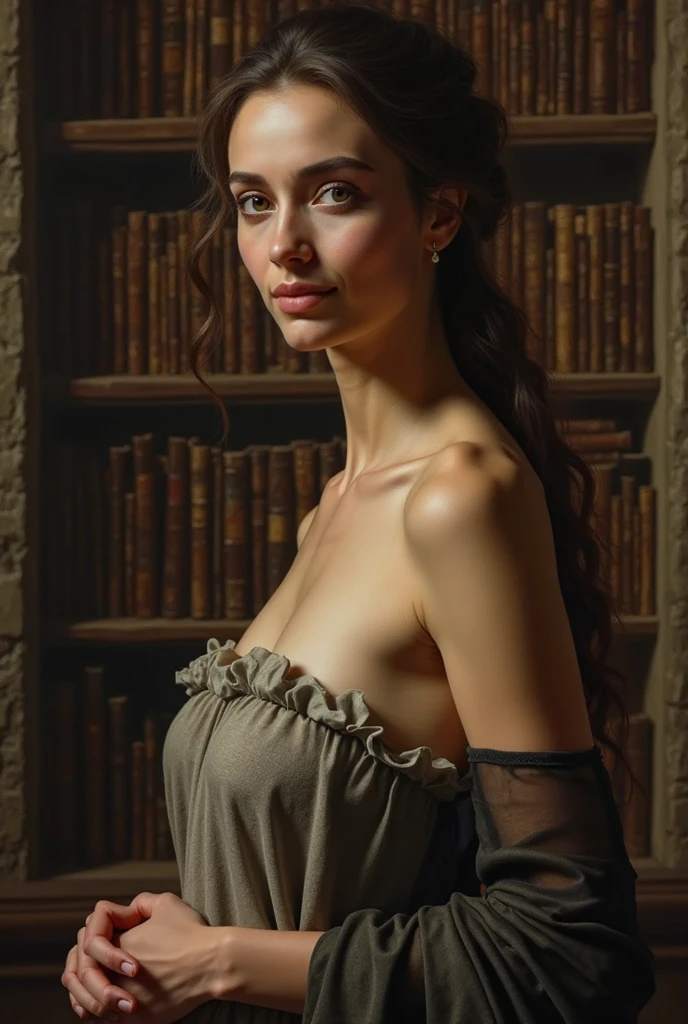Full length portrait, Realistic, Photorealistic, high quality, raw photo, depth of field, 35mm, film grain, analog photo style, isometric, Realistic bokeh, detailed face with delicate facial features, (beautiful 18 y o. woman with golden hair in the cabinet with bookcase and big steampunk globe), (she has a thin waist and have a minuscule amount of clothing), nude, plasure, looking very sexy, natural relaxed posture, she is curious and looks around with interest, faded film colors, cinematic light,