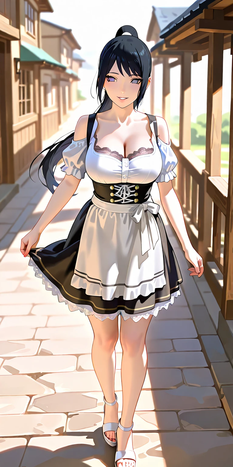 (best quality, masterpiece), (ultra high resolution, 8K RAW photo, photo realistics:1.5, textile shading, thin outline, clear focus:1.2), Beautuful Matured woman preparing tea-time in the garden, standing by the round table, (tea set, tea pot, tea cups, some cakes on dish), classy art deco style table, wearing light_brown maid uniform, breast cleavage, maid costume:1.2, long flare skirts, apron, bow ties on thechest, long tall sally, long legs, long white hair, (wearing thin-flame glasses:1.2), (milf:1.5, 28 years old, solo), (large breast, sagging breast, big tits, narrow waist), (medium short white hair, hair over one eye, (updo hair:1.2), side lock, asymmetric hair, wavy hair), (bright pupils, detailed eyes, high detailed face, Perfect face shape, eye rush), (seductitve smiling, half-closing eyes), (looking at viewers:1.3), (dynamic angle, full body, from above:1.2), ((correct anatomy:1.5, correct hands)), (ideal ratio of body proportions), (outdoor:1.2, grass field),